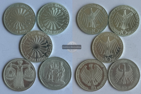  Deutschland 5 x 10 DM  verschiedene 1972 & 2000   Gedenkmünzen   FM-Frankfurt Feinsilber: 48,45g   