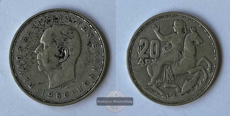  Griechenland 1960 20 Drachmai Paul I KM#85  FM-Frankfurt Feinsilber: 6,26g   