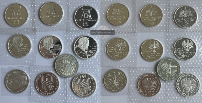 Deutschland   10 x 5 DM  versch. 1971-74 Gedenkmünzen   FM-Frankfurt    Feinsilber:70g   