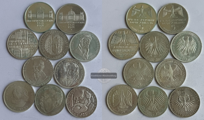  Deutschland   10 x 5 DM  versch. 1966-75 Gedenkmünzen   FM-Frankfurt    Feinsilber:70g   