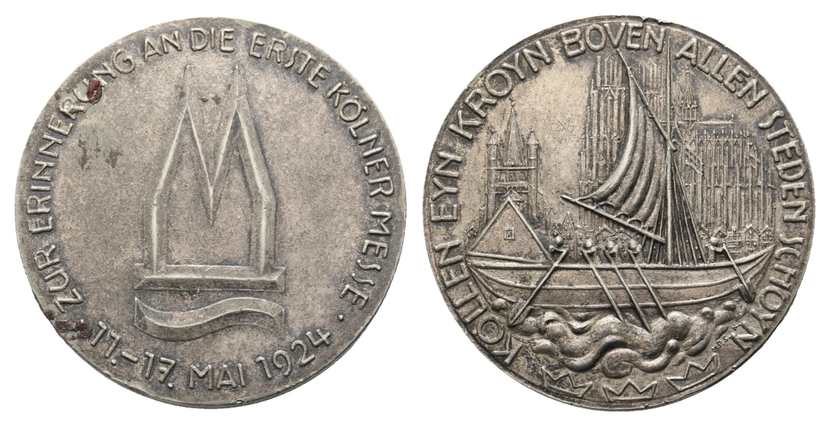  Medaille 1924; Zur Erinnerung an die erste Kölner Messe; versilbert; 28,14 g, Ø 38,24 mm   