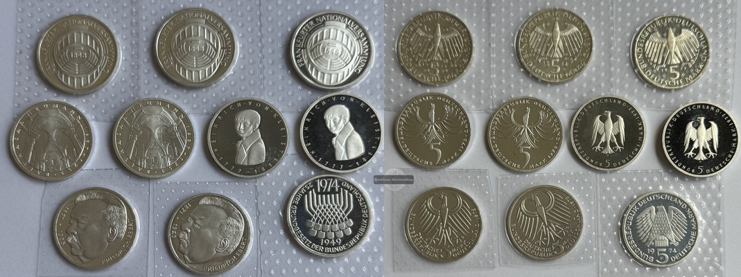  BRD  10x 5 DM   1973-1978  versch. Motive   FM-Frankfurt  Feingewicht: 70g Silber   