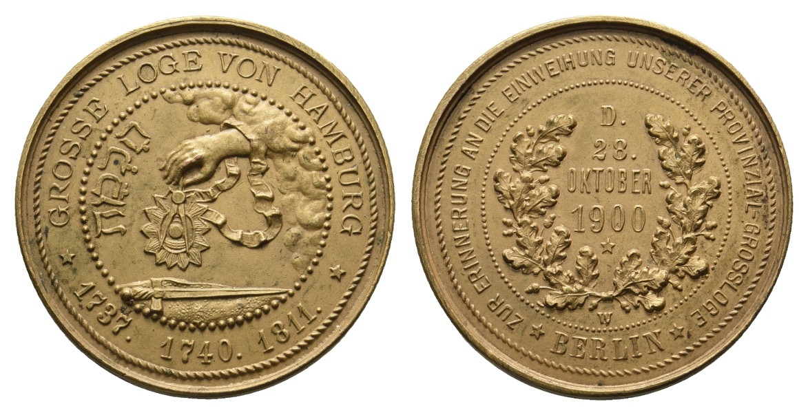 Medaille; Freimaurer; Einweihung Provinzial-Grossloge Berlin 1900; 20,74 g, Ø 36,22 mm   