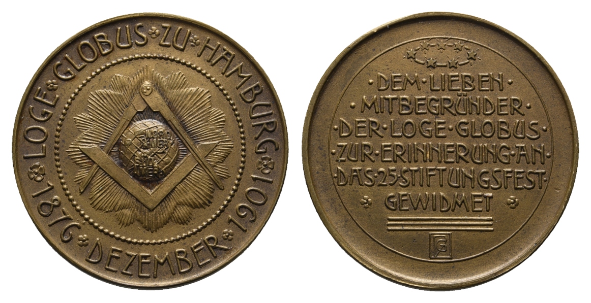  Medaille; Freimaurer; 25. Stiftungsfest 1991; Loge Globus zu Hamburg; Bronze; 12,84 g, Ø 32,98 mm   
