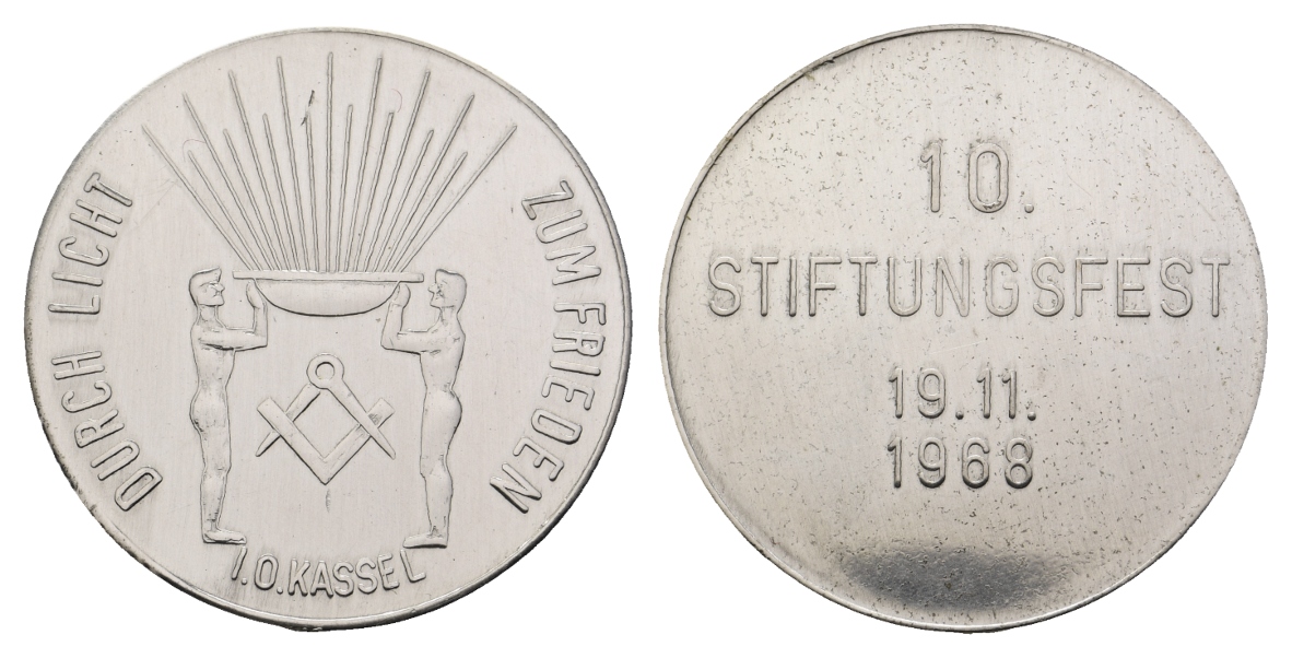  Medaille; Freimaurer; Kassel; 10. Stiftungsfest 1968; versilb.; 15,74 g, Ø 36,04 mm   