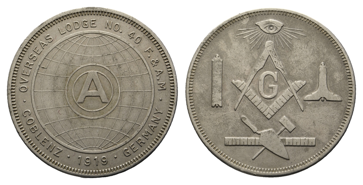  Medaille 1919; Freimaurer; Oversea Lodge No.40; versilb.; 11,87 g, Ø 34,83 mm   