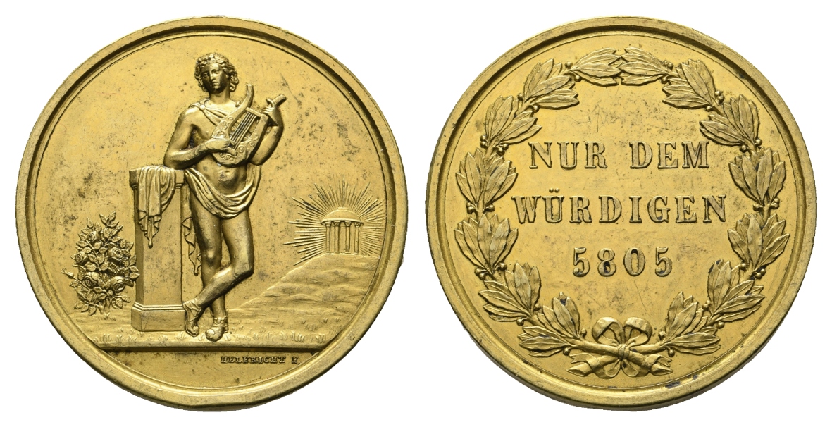  Medaille; Freimaurer; Apollo Loge; Nur dem Würdigen 5805; vergold.; Henkelspur; 27,04 g, Ø 36,30 mm   