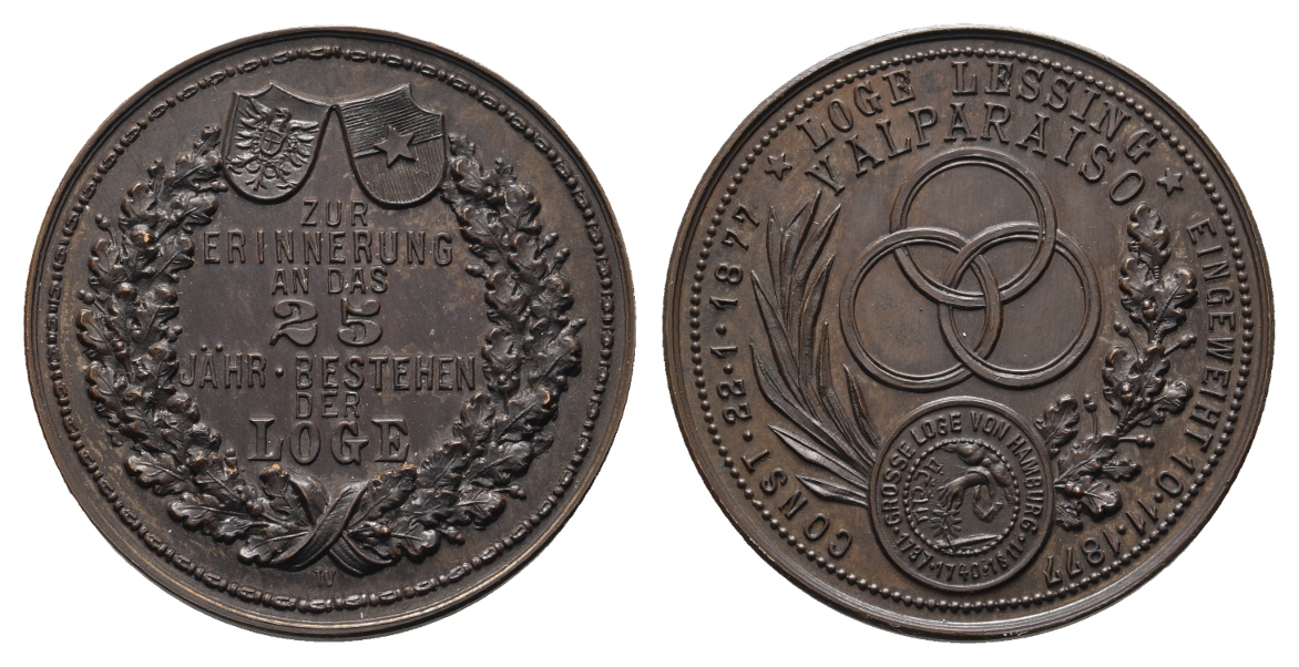  Medaille; Freimaurer; Loge Lessing Hamburg; 25-jährige bestehen; 19,37 g, Ø 36,19 mm   