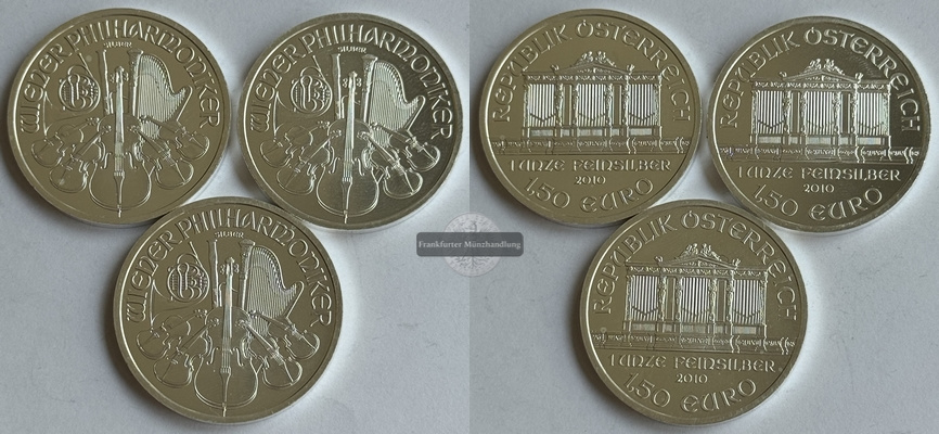  Österreich, 3x 1,50 Euro Wiener Philharmoniker 2010 FM-Frankfurt KM#3159 Feinsilber: 93 g   