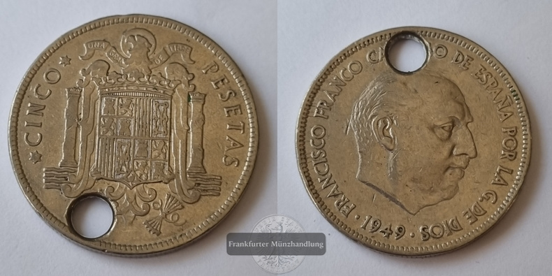  Spanien 1949 5 Pesetas Franco (50/19) mit Henkelspur   