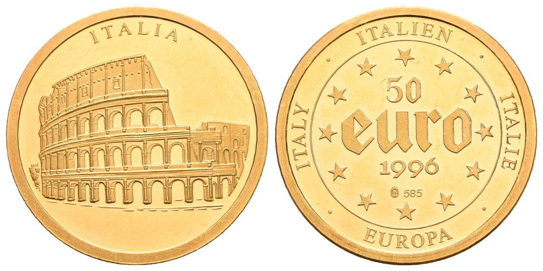  Deutschland 20 mm / 1,8 g Feingold. Italien Coloseum Goldmedaille (50 Euro) 1996 Fast Stempelglanz   