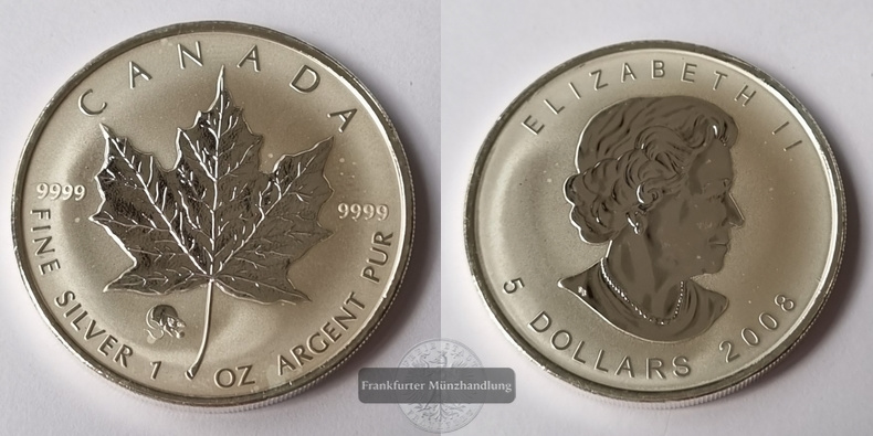  Kanada, 5 Dollar 2008 Maple Leaf FM-Frankfurt  Feinsilber: 31,1g   