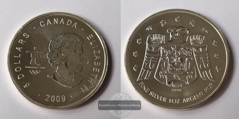  Kanada  5 Dollar 2009 Vancouver 2010 / Thunderbird FM-Frankfurt  Feinsilber: 31,06g   