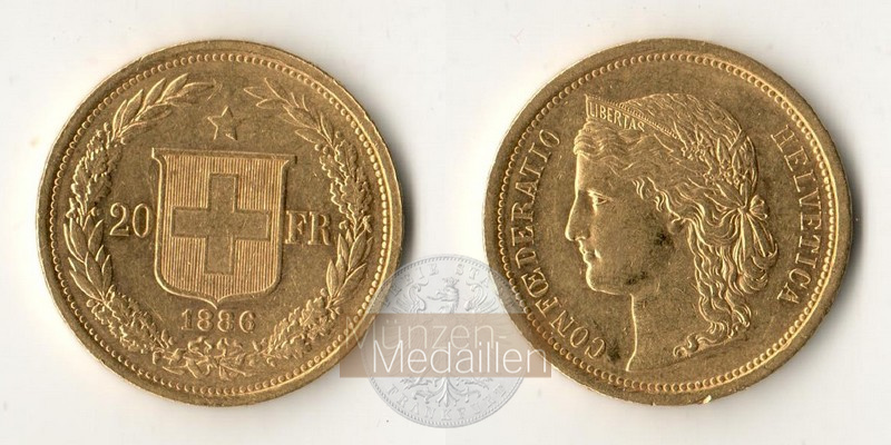 Schweiz MM-Frankfurt Feingewicht: 5,81g 20 Francs 1886 