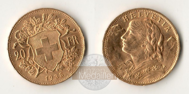 Schweiz MM-Frankfurt Feingold: 5,81g 20sFR (Vreneli) 1935 B 