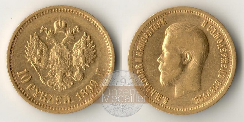 Russland, Zar Nikolaus II. 1894-1917. MM-Frankfurt Feingold: 7,74g 10 Rubel 1899 