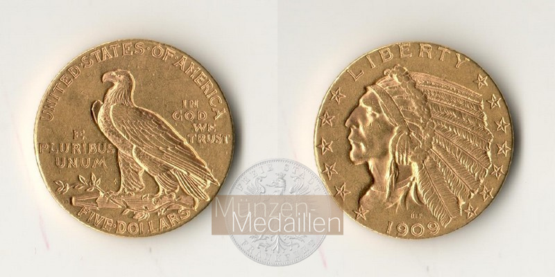 USA  5 Dollar MM-Frankfurt   Feingold: 7,52g Half Eagle - Indian Head 1909 