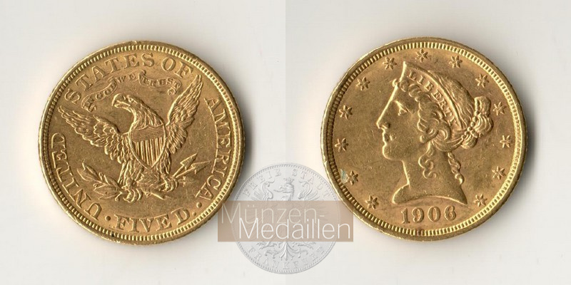 USA  5 Dollar MM-Frankfurt   Feingold: 7,52g Half Eagle - Liberty Head 1906 