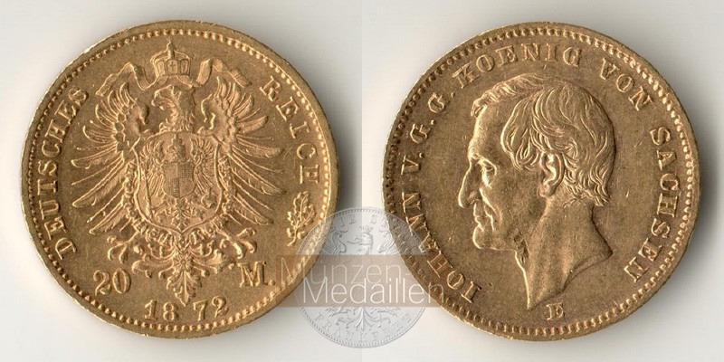 Deutsches Kaiserreich, Sachsen Johann MM-Frankfurt KM#1233 Feingold: 7,17g 20 Mark 1872 E 