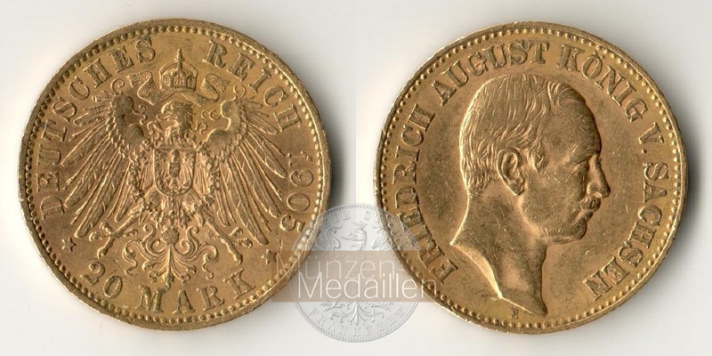 Sachsen, Kaiserreich  20 Mark MM-Frankfurt Feingold: 7,17g Friedrich August 1904 - 1918 1905 E 