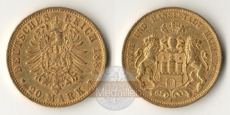 Deutsches Kaiserreich - Hamburg MM-Frankfurt Feingold: 7,17g 20 Mark 1884 J 