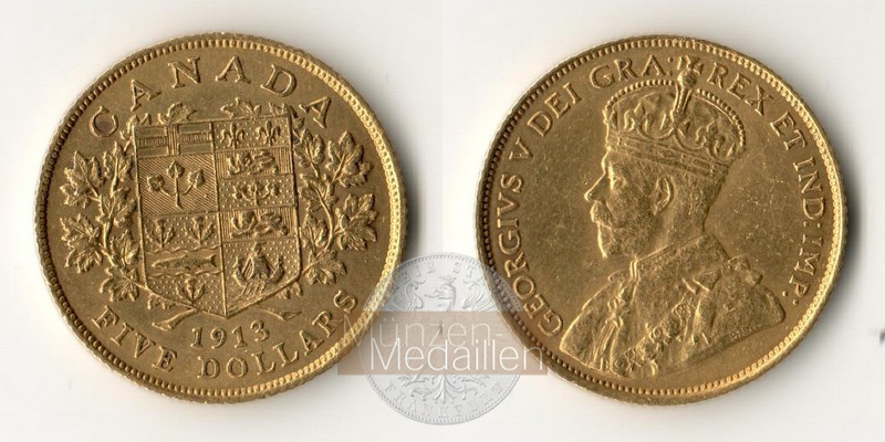 Kanada  5 Dollar MM-Frankfurt Feingold: 7,52g Georg V. 1910-1936 1913 