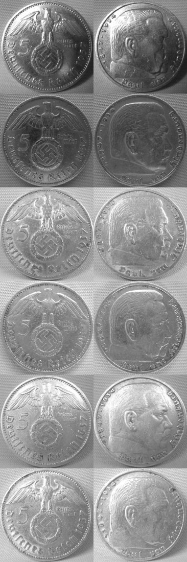  5 Reichsmark, 1937 ADEFGJ,Hindenburg mit HK, gesamt Silber 75 g, aktueller Kat.preis 94.- €   