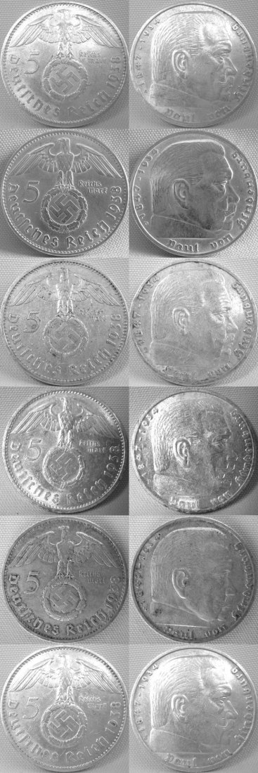  5 Reichsmark, 1938 ADEFGJ,Hindenburg mit HK, gesamt Silber 75 g, aktueller Kat.preis 103.- €   