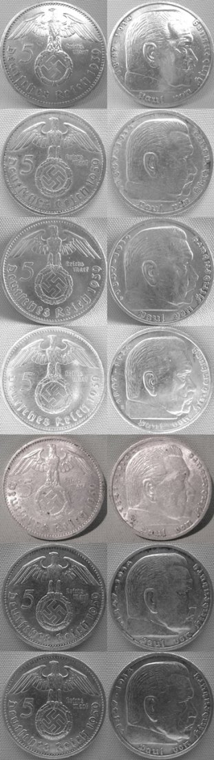  5 Reichsmark, 1939 ABDEFGJ,Hindenburg mit HK, gesamt Silber 87,5 g, aktueller Kat.preis 138.- €   