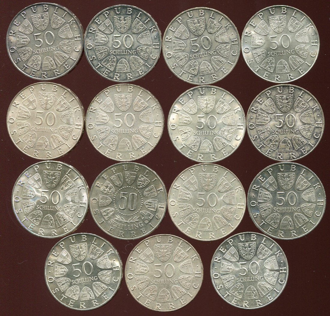  Österreich 15x  50 Schilling Silbermünzen in St.   
