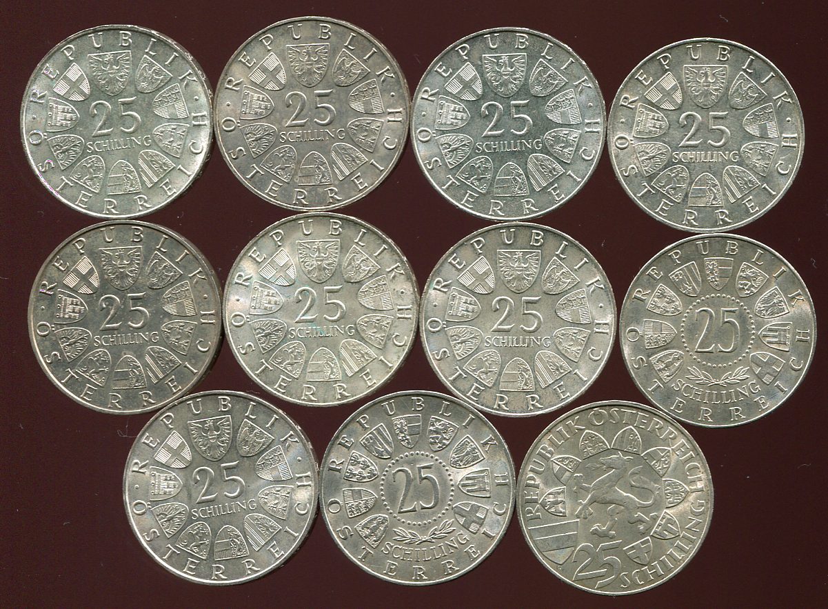  Österreich 11x  25 Schilling Silbermünzen in St.   