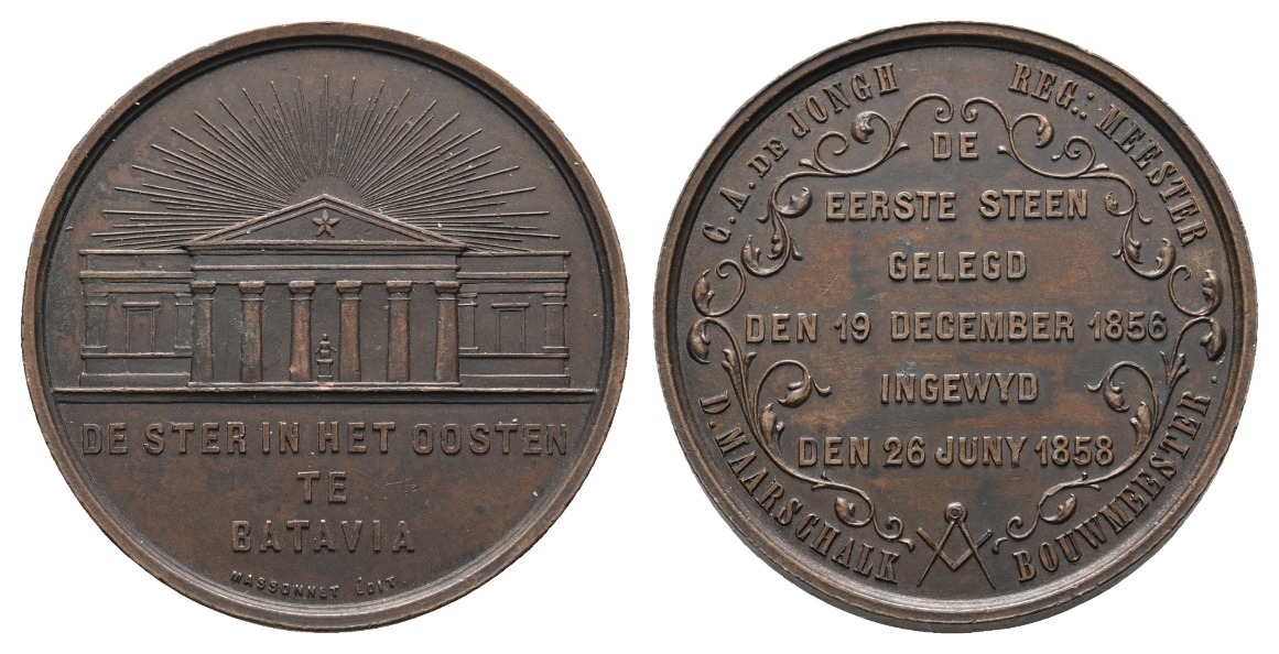  Medaille; Freimaurer; De Ster in het Oosten te Batavia; Bronze; 33,88 g, Ø 41,38 mm   