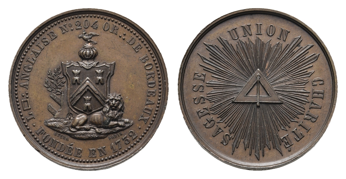  Medaille; Freimaurer; Loge Bordeaux 1732, Bronze; 9,57 g, Ø 27,43 mm   