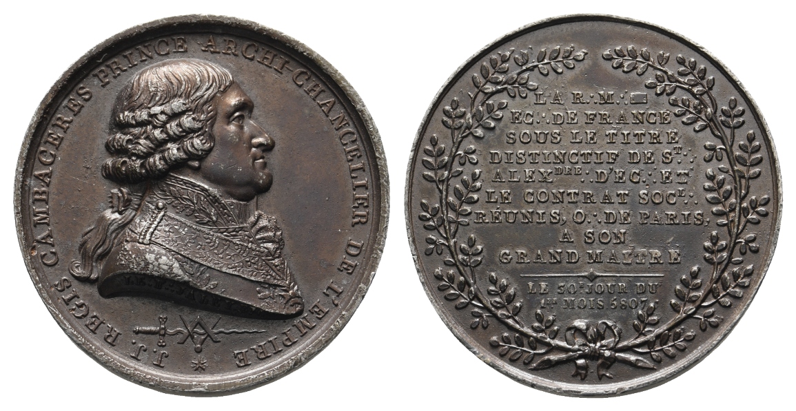  Medaille; Freimaurer; J.J. Regis Cambacheres; Bronze; 33,36 g, Ø 41,12 mm   