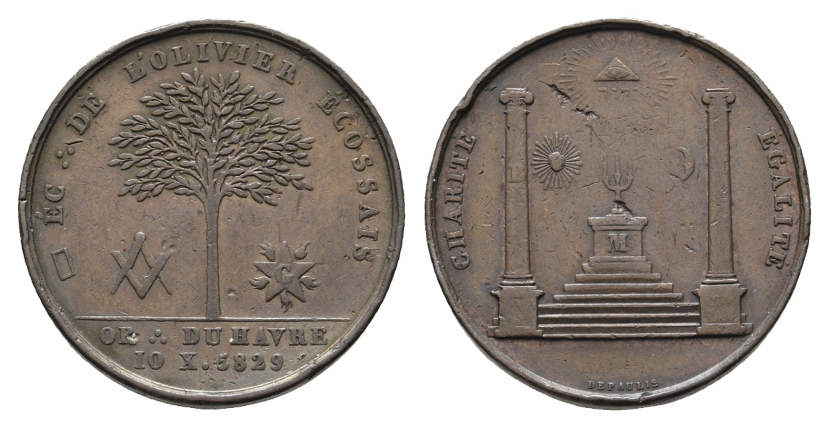  Medaille; Freimaurer; Duhavre; Bronze; 13,80 g, Ø 30,75 mm   