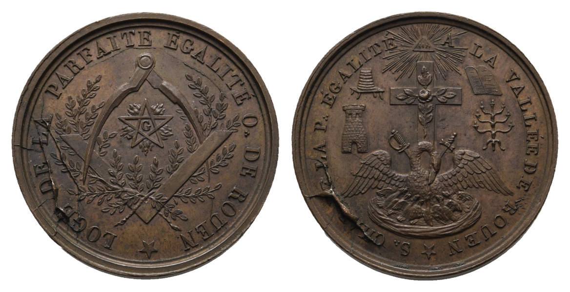  Medaille; Freimaurer; Loge De Rouen; Bronze; 15,39 g, Ø 32,75 mm   