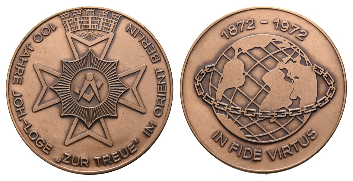  Medaille; Freimaurer; 100 Jahre Joh.-Loge Zur Treue im Orient Berlin; unedel; 19,00 g, Ø 40,05 mm   