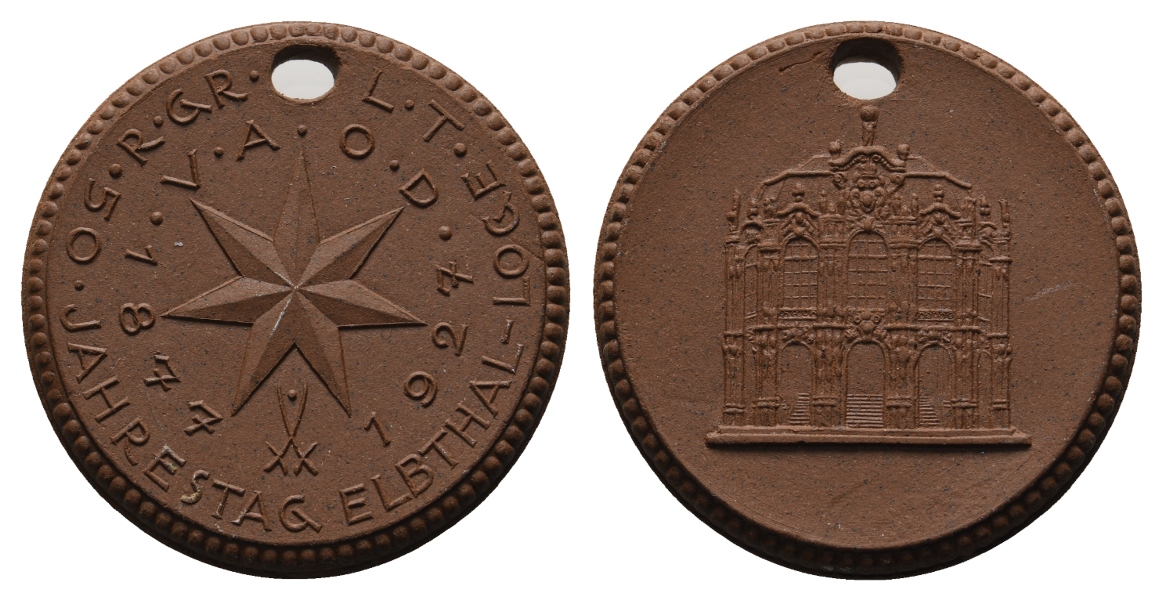  Medaille; Freimaurer; 50 Jahrestag Elbthal-Loge; Prozellan; gelocht; 9,96 g, Ø 37,23 mm   