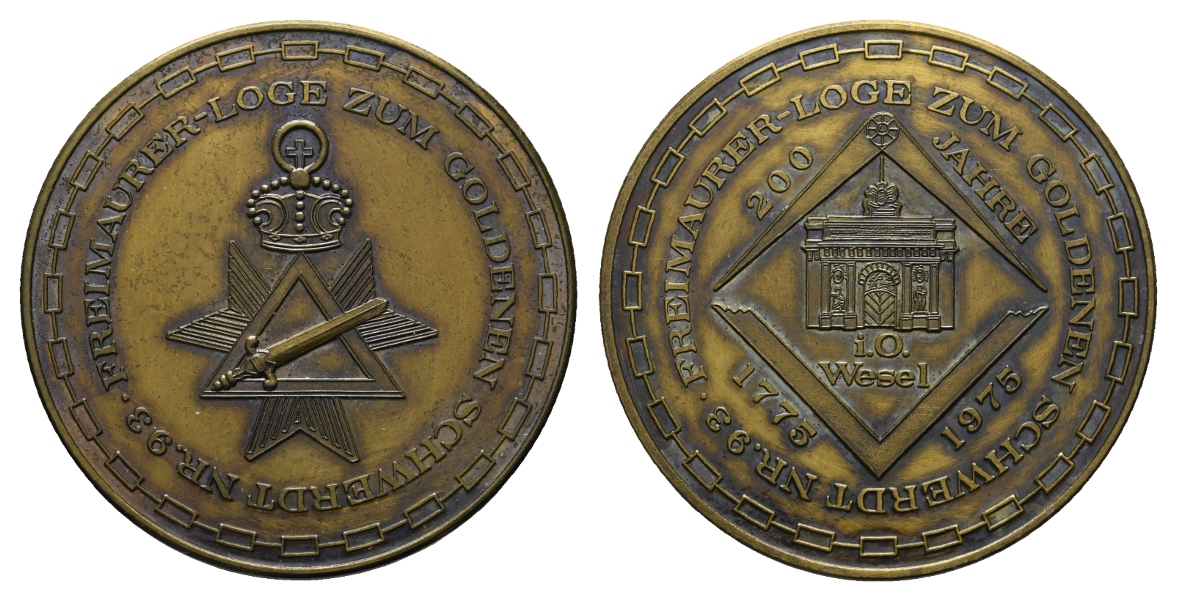  Medaille; Freimaurer; 200 Jahre Loge zum goldenen Schwerdt; Wesel; Bronze; 20,79 g, Ø 40,23 mm   