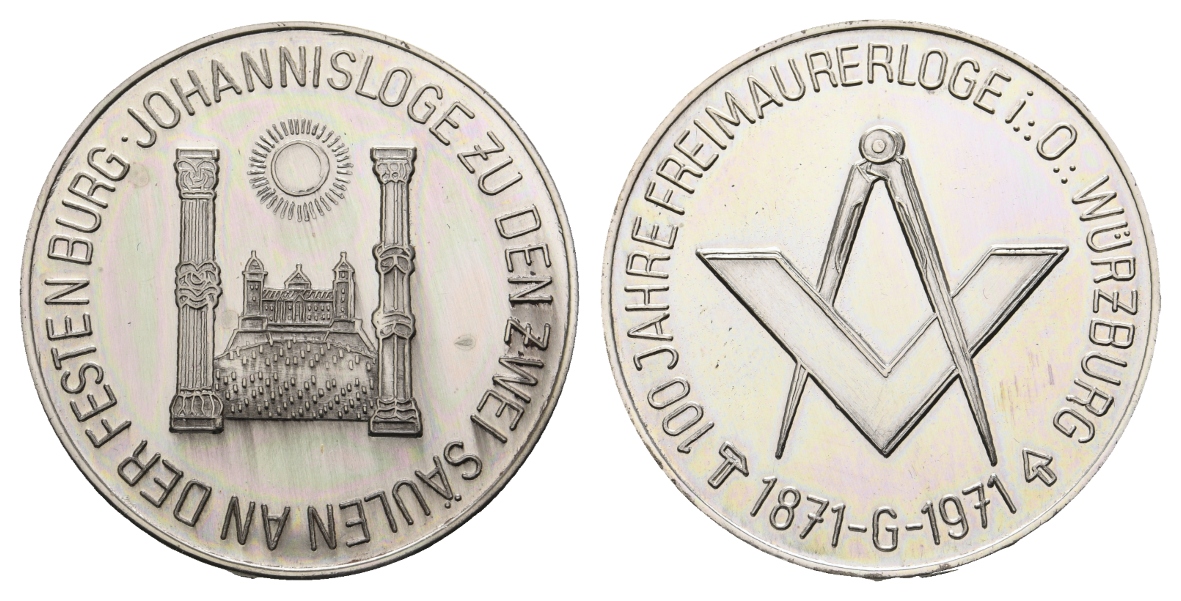  Medaille; Freimaurer; Johannisloge; 100 Jahre Loge Würzburg; silber; 31,95 g, Ø 40,24 mm   