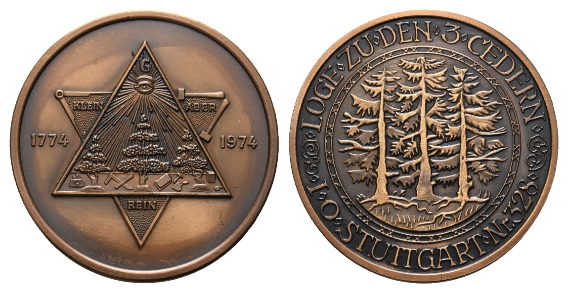  Medaille; Freimaurer; Loge Stuttgart; 3 Cedern; Bronze; 31,92 g, Ø 39,94 mm   