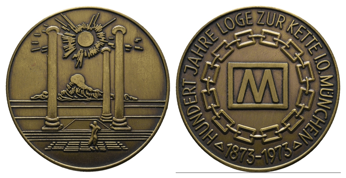  Medaille; Freimaurer; 100 Jahre Loge zur Kette München 1973; Bronze; 31,19 g, Ø 40,25 mm   