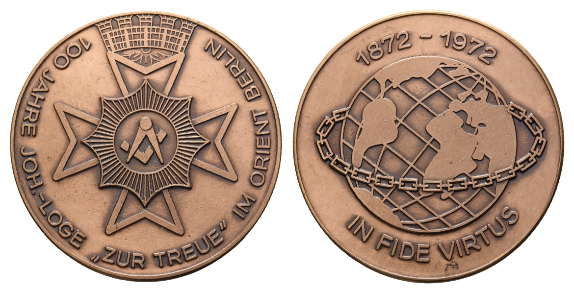  Medaille; Freimaurer; 100 Jahre Joh.-Loge Zur Treue im Orient Berlin; unedel; 19,08 g, Ø 40,03 mm   