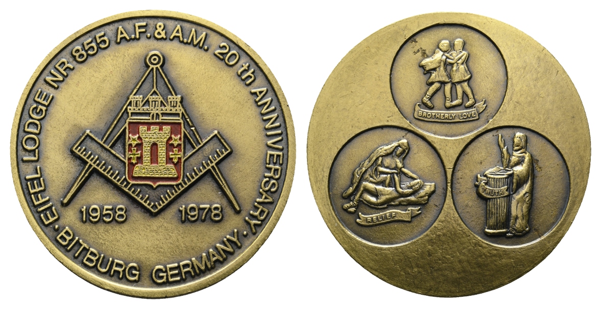  Medaille; Freimaurer; 20. Geburtstag Eifel Loge; Bitburg 1978; Bronze; 24,72 g, Ø 41,19 mm   