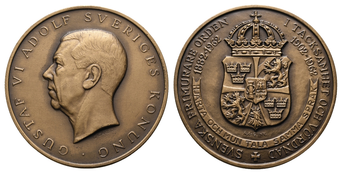  Medaille; Freimaurer; Schweden; Gustav VI Adolf; Bronze; 96,77 g, Ø 60,31   