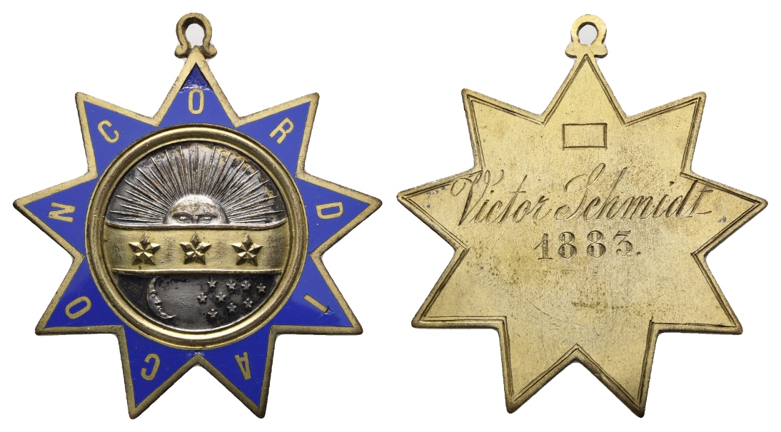  Medaille; Freimaurer; Victor Schmidt 1883; unedel; gehenkelt; 31,59 g, Ø 58,50 mm   