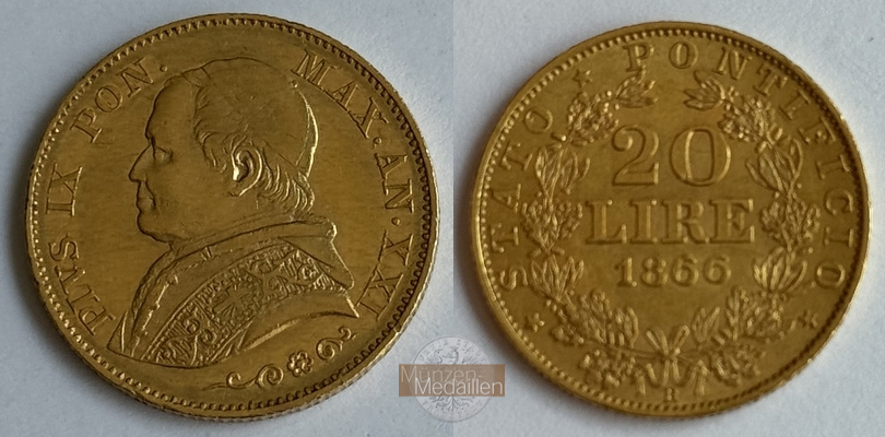Vatikan MM-Frankfurt  Feingold: 5,81g 20 Lire 1866 R 