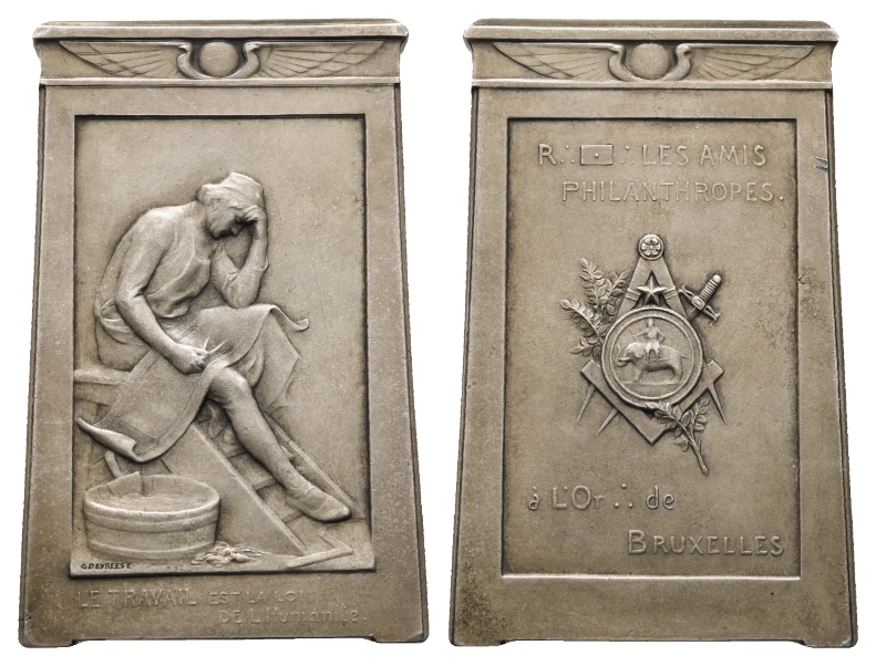  Medaille / Plakette; Freimaurer; Bruxelles; Bronze; 72,27 g, H 68,70 mm x B 44,27 mm   