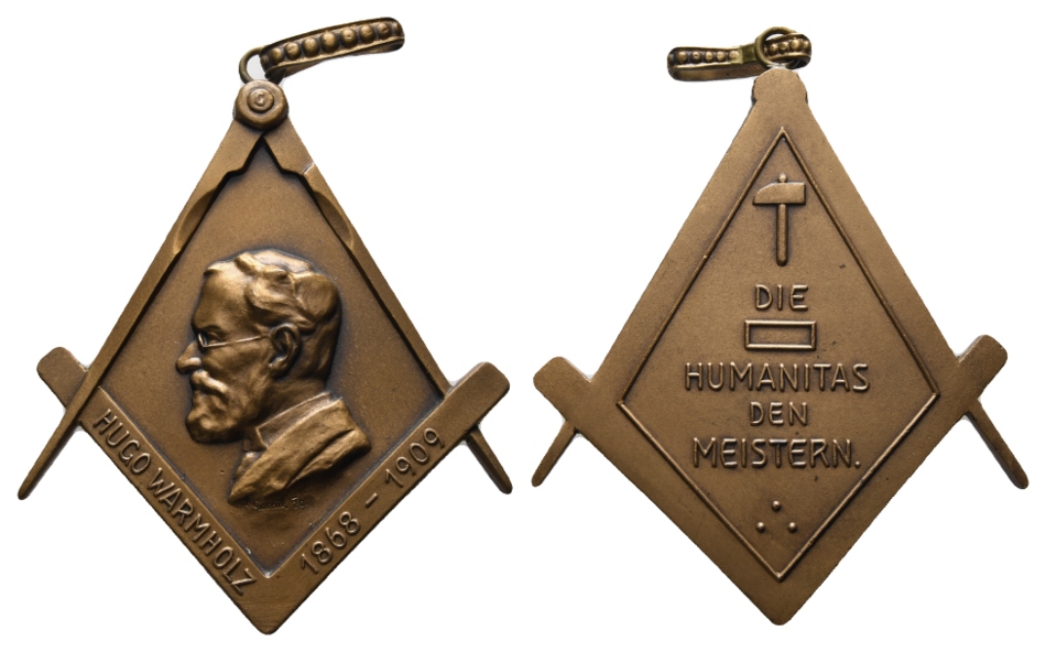  Medaille; Freimaurer; Hugo Warmholz; Bronze; gehenkelt; 67,65 g, H 78,81 mm x B 63,93 mm   