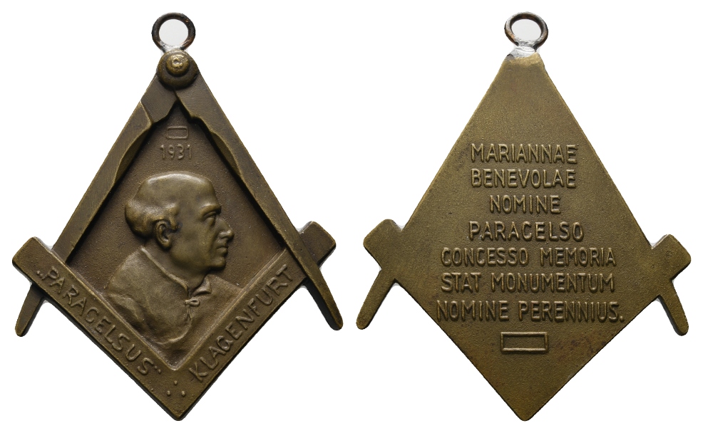  Medaille; Freimaurer; Paracelsus Klagenfurt 1931; Bronze; gehenk.; 68,78g, H 80,33 mm x B 64,36 mm   
